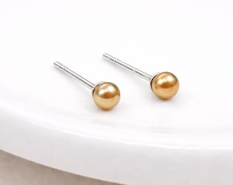 Sterling Silver Golden Champagne Freshwater Pearl Micro Stud Earrings – 3mm