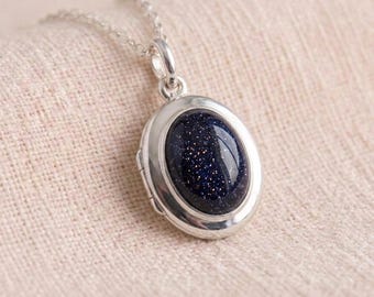 Personalised Blue Goldstone Engraved Photo Locket Necklace in Sterling Silver