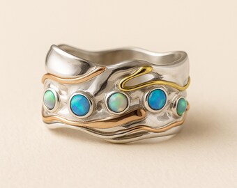 Molten Sterling Silver Blue and White Opal Quintet Ring