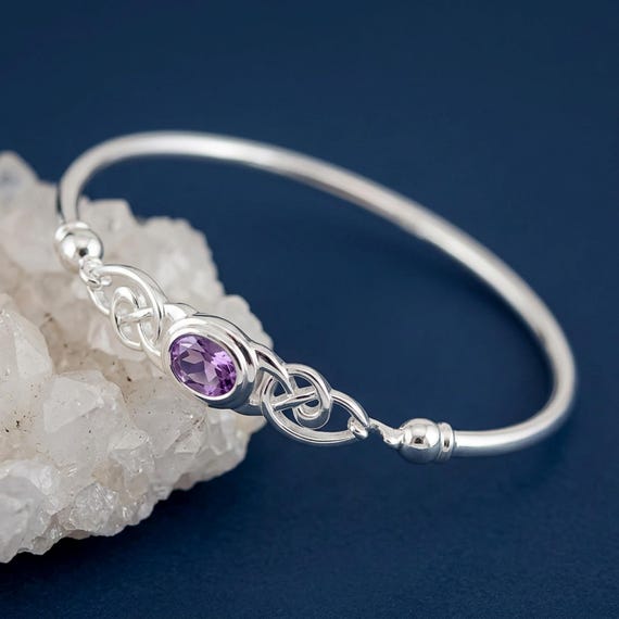 Celtic Amethyst Bangle Bracelet in Sterling Silver