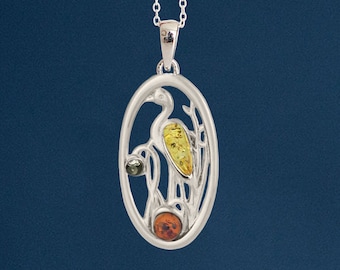 Sterling Silver Baltic Amber Heron Necklace