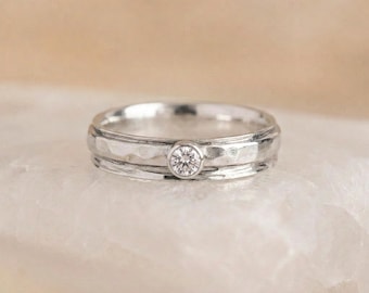 Personalised Hammered Spinner Ring in Sterling Silver with Cubic Zirconia