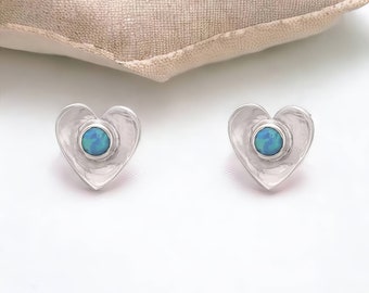 Sterling Silver Blue Opal Heart Stud Earrings