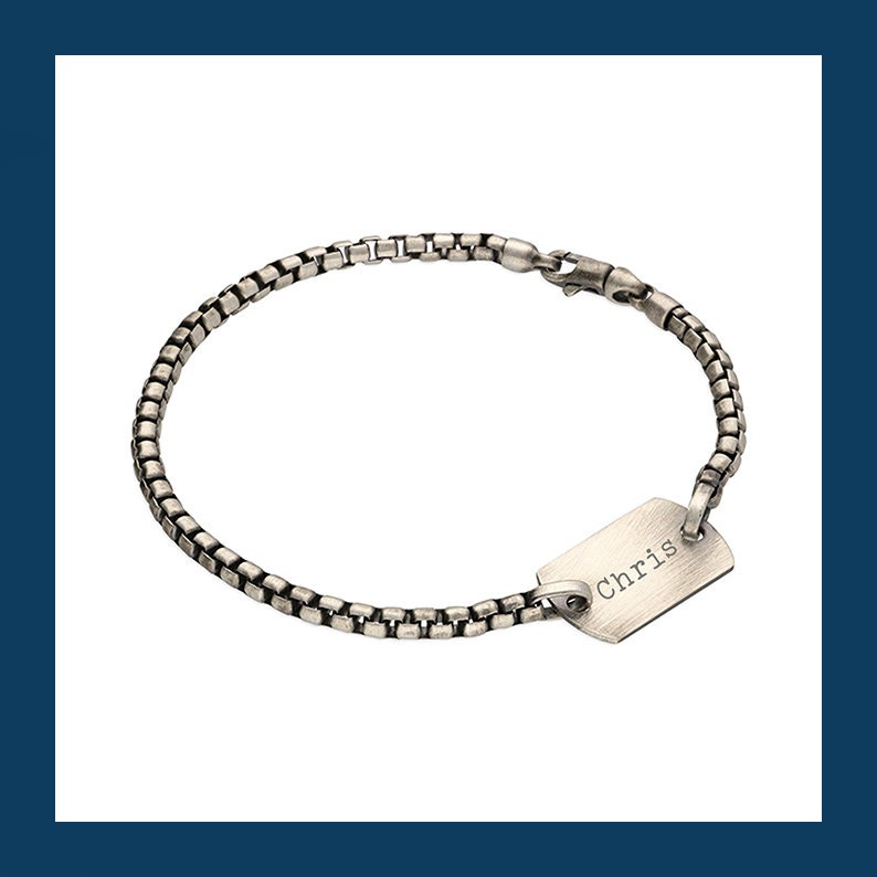 Personalised Oxidised Sterling Silver Twisted Box Chain Offset ID Bar Bracelet