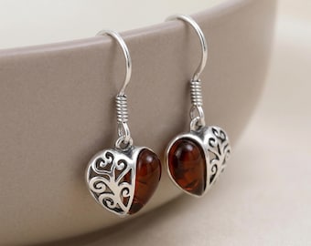 Baltic Amber Filigree Heart Drop Earrings in Sterling Silver
