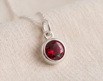 Tiny Personalised July Ruby Birthstone Pendant Necklace In Sterling Silver