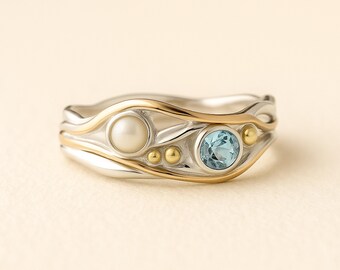 Molten Sterling Silver, Blue Topaz and White Freshwater Pearl Ring