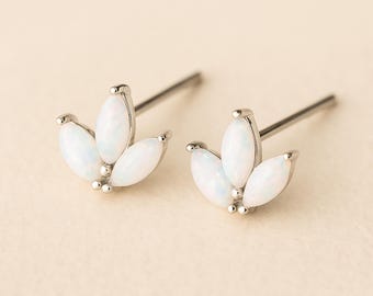Sterling Silver White Opal Lotus Stud Earrings