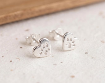 Personalised Paw Print Heart Stud Earrings in Sterling Silver