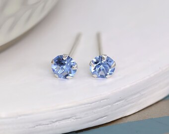 Tiny Sterling Silver Aquamarine CZ Stud Earrings