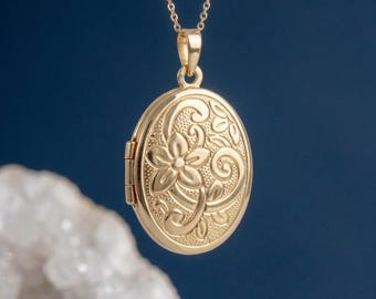Personalised Oval Embossed Flower Photo Locket Necklace In Solid 9ct Gold
