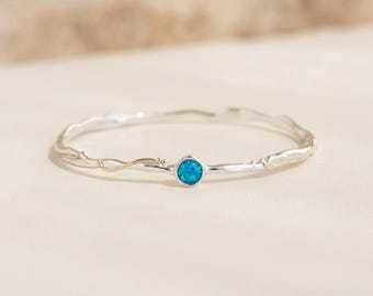 Round Blue Opal Bangle in Molten Sterling Silver and Gold