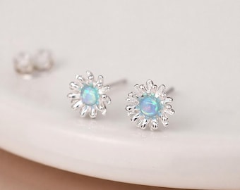 Sterling Silver Blue Opal Daisy Stud Earrings – 6mm