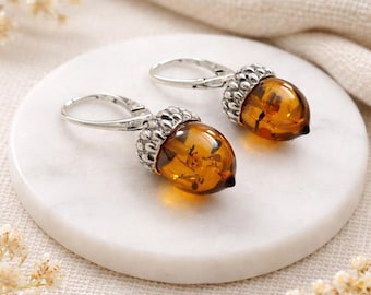 Large Sterling Silver Baltic Amber Acorn Drop Earrings