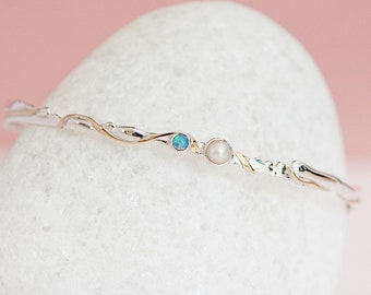 Blue Fire Opal and Pearl Bangle in Sterling Silver, Organic Jewellery, Wedding Bangle, Opal Bracelet, Ivory Freshwater Pearl