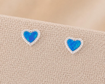 5mm Sterling Silver Blue Opal Heart Stud Earrings