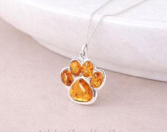 Personalised Sterling Silver Baltic Amber Paw Print Pendant Necklace