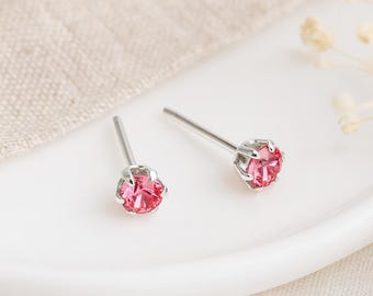 Pink Tourmaline CZ Stud Earrings • Sterling Silver October Birthstone • 3mm Micro Studs • Gift for Her • Dainty Minimal Jewellery •