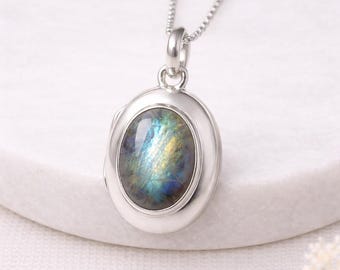 Personalised Sterling Silver Labradorite Gemstone Locket Necklace With Photos