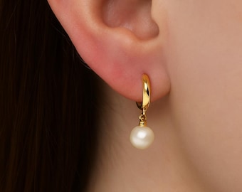 Gold Pearl Hoop Earrings • 14ct Gold-Plated Sterling Silver Huggies • Hinged Freshwater Pearl Drops • Bridal Gift • Elegant Earrings for Her