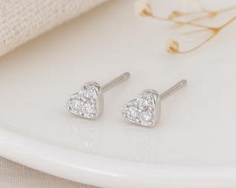 Tiny Heart Stud Earrings • Micro CZ & Sterling Silver • Dainty Sparkly Studs • Minimalist Jewellery • Gift for Her • Everyday Silver •