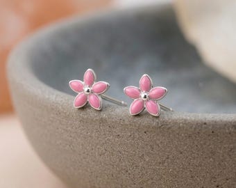 Tiny Pink Forget Me Not Stud Earrings in Sterling Silver