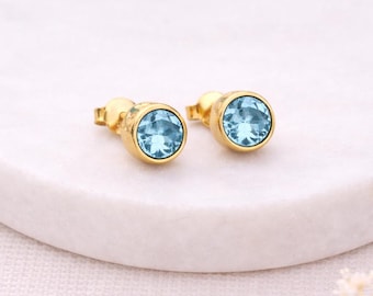 Gold Plated Sterling Silver March Aquamarine Birthstone Stud Earrings – 7mm