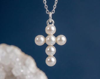 Personalised Tiny Pearl Cross Pendant Necklace in Sterling Silver