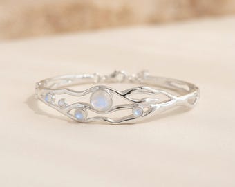 Rainbow Moonstone Hinged Bangle Bracelet in Molten Sterling Silver