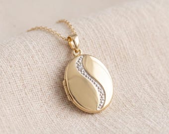 Personalised Diamond Wave Photo Locket Necklace In Solid 9ct Gold