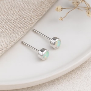 Tiny Opal Stud Earrings • Sterling Silver Round White Opal Studs • October Birthstone Gift • Dainty Jewellery •