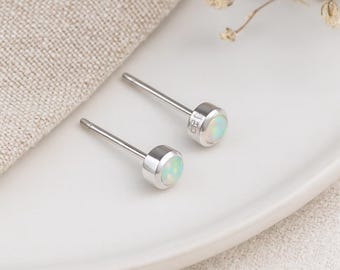 Tiny Opal Stud Earrings • Sterling Silver Round White Opal Studs • October Birthstone Gift • Dainty Jewellery •