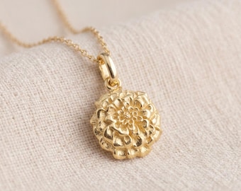 Personalised October Marigold Birth Flower Pendant Necklace In Gold Plated Sterling Silver