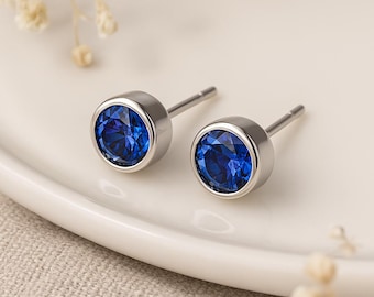 Sapphire CZ Stud Earrings • Sterling Silver September Birthstone Gift • 7mm Blue Gemstone Studs • Classic Earrings • Gift for Her •