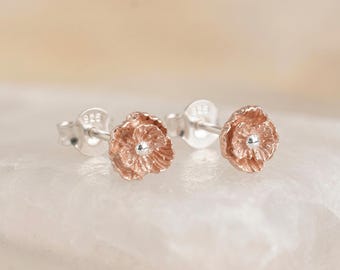 August Poppy Birth Flower Stud Earrings In Sterling Silver and Rose Gold