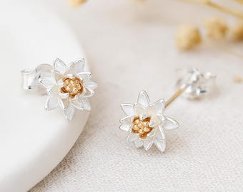 Sterling Silver July Birth Flower Lotus Water Lily Stud Earrings