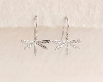 Dragonfly Drop Earrings in Hammered Sterling Silver