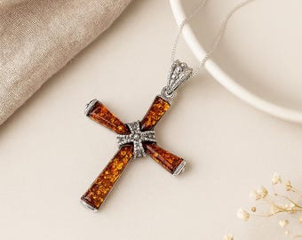 Amber Cross Pendant • Sterling Silver & Baltic Amber Necklace • Personalsied Christian Symbol Jewellery • Faith Gift • Spiritual Charm