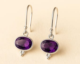 Sterling Silver Oval Amethyst Drop Earrings