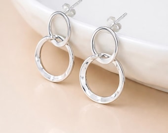 Sterling Silver Linked Hammered Hoop Stud Earrings