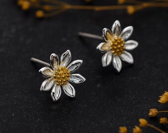 Sterling Silver and Yellow Gold Daisy Flower Stud Earrings