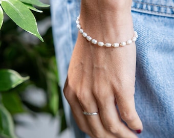 White Seed Pearl Bracelet • Sterling Silver & Freshwater Pearl • Adjustable 17–20cm Bracelet • Minimalist Gift for Her •