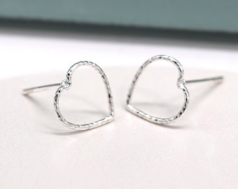 Sterling Silver Hammered Heart Stud Earrings