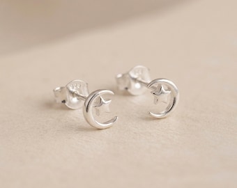 Personalised Moon And Star Stud Earrings In Sterling Silver