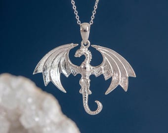Personalised Flying Wyvern Dragon Pendant Necklace in Sterling Silver