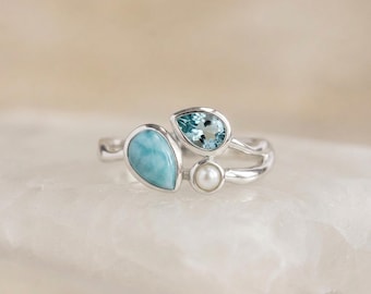 Larimar, Topaz and Pearl Ring in Molten Sterling Silver