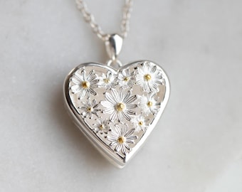Personalised Sterling Silver Daisy Heart Locket