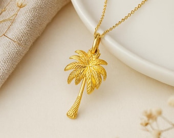 Palm Tree Pendant • Tropical Necklace in 18ct Gold Plated Sterling Silver • Personalised Disc Option • Gift for Her • Holiday Jewellery •