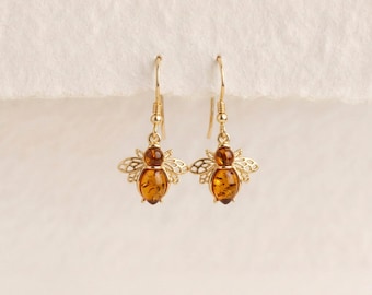 Baltic Amber Bee Drop Earrings In Gold Plated Sterling Silver