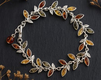 Sterling Silver Baltic Amber Leaf Bracelet